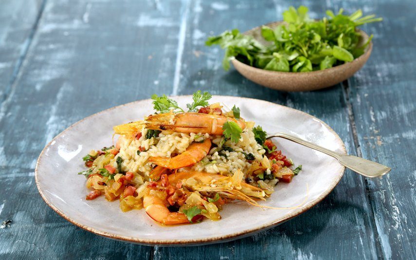 Arroz de agrião com gamba Receita inesquecível